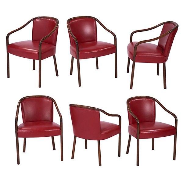 Ward Bennett dining chairs, six 23.5"w x 22.5"d x: Ward Bennett, dining chairs, six, Brickel Associates, USA, ash, leather, 23.5"w x 22.5"d x 31.5"h