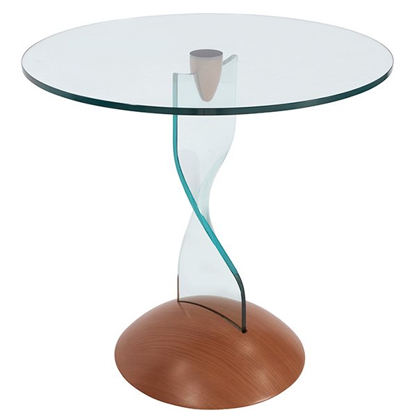 Fabio Di Bartolomei Tea For Two occasional table 25.5": Fabio Di Bartolomei, Tea For Two occasional table, Fiam, Italy, beech, glass, cherry wood laminate, signed "Fiam Italia Made in Italy C-LA", twisted glass support, 25.5" dia. x 24"h