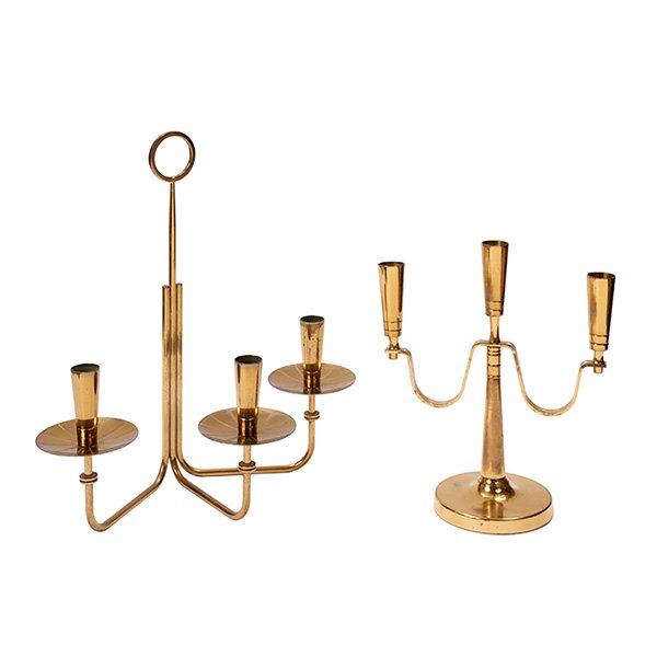Tommi Parzinger candleholders, two Largest: 14.5"w x: Tommi Parzinger, candleholders, two, Dorlyn Silversmiths, 1960s, brass, unsigned, Largest: 14.5"w x 8"d x 15"h