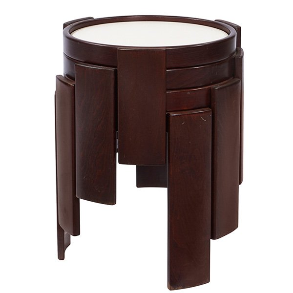 Gianfranco Frattini stacking tables, four as shown:: Gianfranco Frattini, stacking tables, four, Cassina, Italy, stained beech, laminate, Cassina paper labels, each with a reversible black and white top, as shown: 16"dia. x 16"h