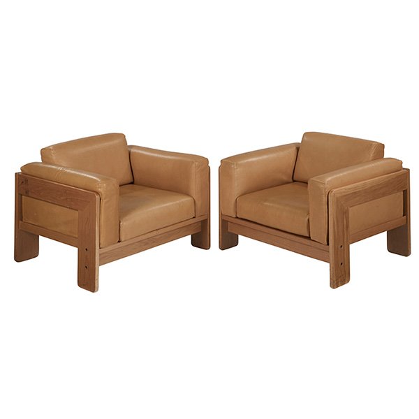 Tobia Scarpa lounge chairs, pair 36"w x 32"d x 28"h: Tobia Scarpa, lounge chairs, pair, Knoll International, oak, original tan leather,, each signed with Knoll label, 36"w x 32"d x 28"h