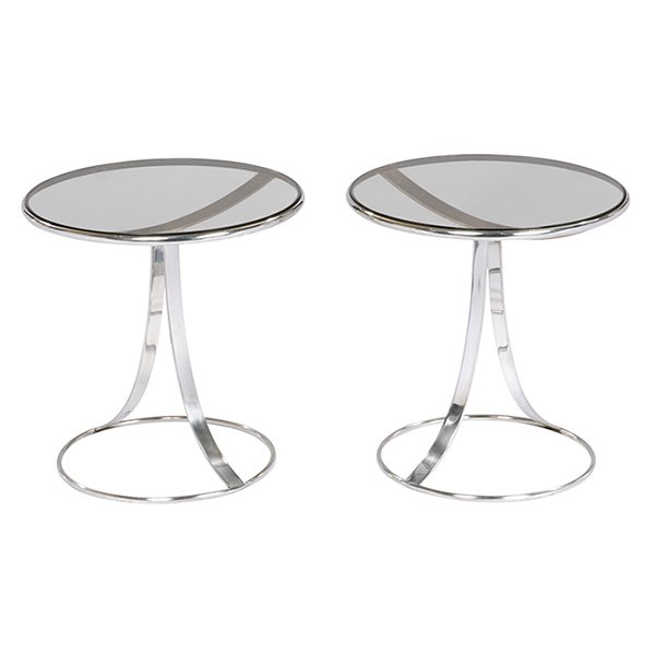 Gardner Leaver occasional tables, pair 18.5"dia x: Gardner Leaver, occasional tables, pair, Steelcase, USA, steel, smoked glass, 18.5"dia x 18.5"h