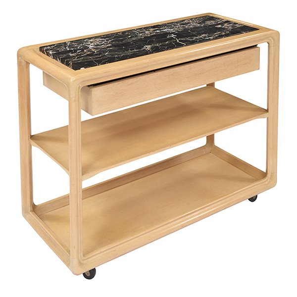 Mid-century bar cart 42.5"w x 18"d x 32"h: Mid-century, bar cart, pickled oak, black marble top, unsigned, 42.5"w x 18"d x 32"h. Provenance: Property from the Estate of , William and Anne Zimring, Chicago, Illinois