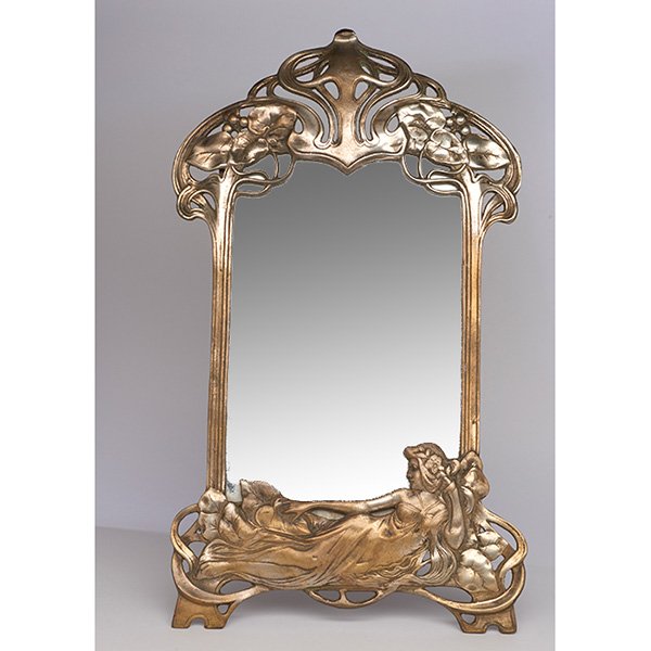 WMF Reproduction mirror 12"w x 21"h: WMF Reproduction, mirror, Germany, pewter, mirrored glass, spurious signature, 12”w x 21”h