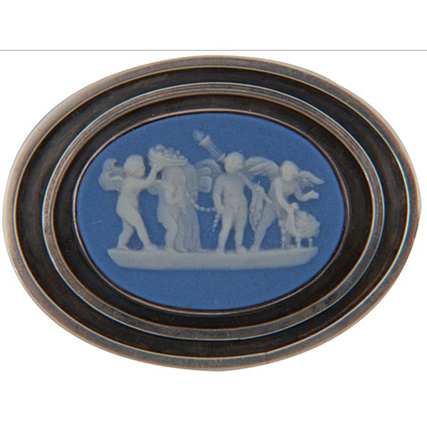 Alphonse LaPaglia (1907-1953) and Wedgwood brooch 1: Alphonse LaPaglia (1907-1953) and Wedgwood, brooch, Summit, NJ and England, sterling silver, jasperware porcelain, stamped and impressed signatures, 1 7/8"w