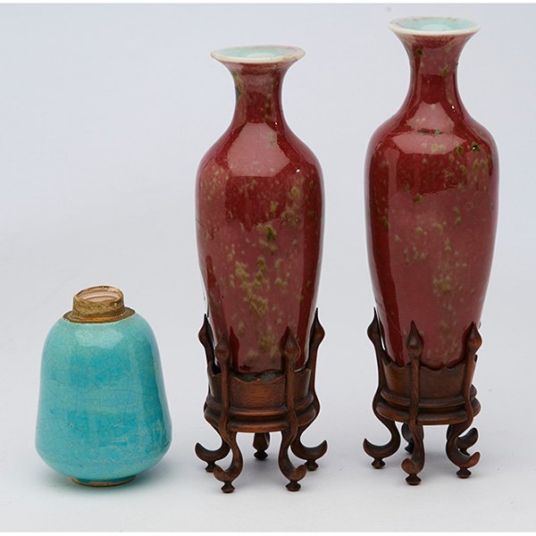 Chinese bud vases on wood stands, pair 2"dia x 5.75"h; (1 of 1)