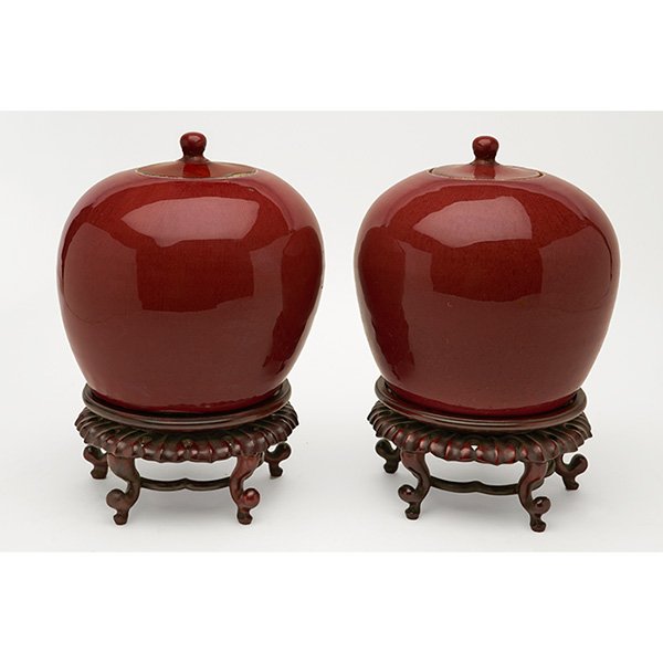 Chinese Sang de Boeuf covered jars, pair 8”dia x 8”h"; (1 of 1)