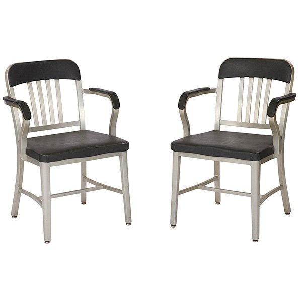 Goodform armchairs, pair 22.25"w x 21"d x 33.25"h: Goodform, armchairs, pair, Emeco, 1952 and 1962, aluminum, vinyl upholstery, stamped and dated, 22.25"w x 21"d x 33.25"h