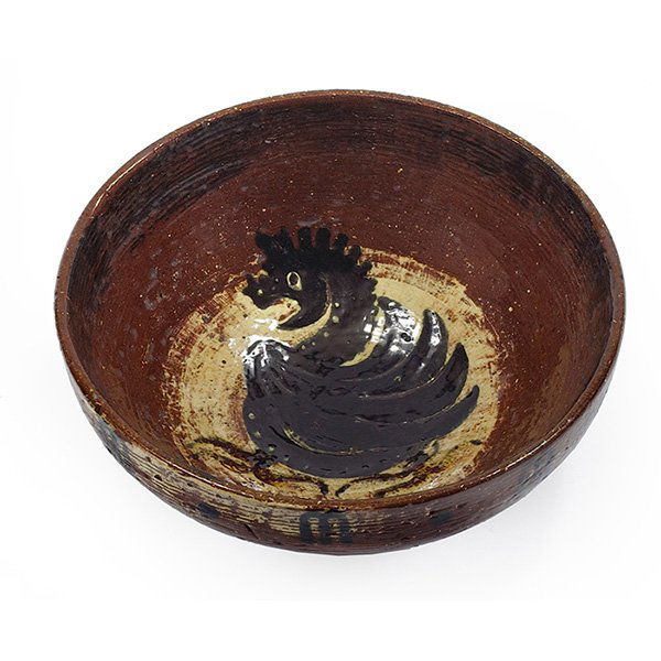 John Perl bowl with dragon, 9.5"dia. x 4"h: John Perl bowl, in the manner of Eugene Deutch (1904-1959), Chicago, IL, 1946, hand-painted and glazed ceramic, signed, dated and inscribed, interior with a dragon, 9.5"dia. x 4"h