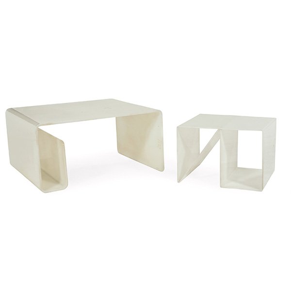 1960s, in the manner of Neal Small tables, two large:: 1960s, in the manner of Neal Small, tables, two, USA, white acrylic, unsigned, large: 29"w x 24"d x 15"h