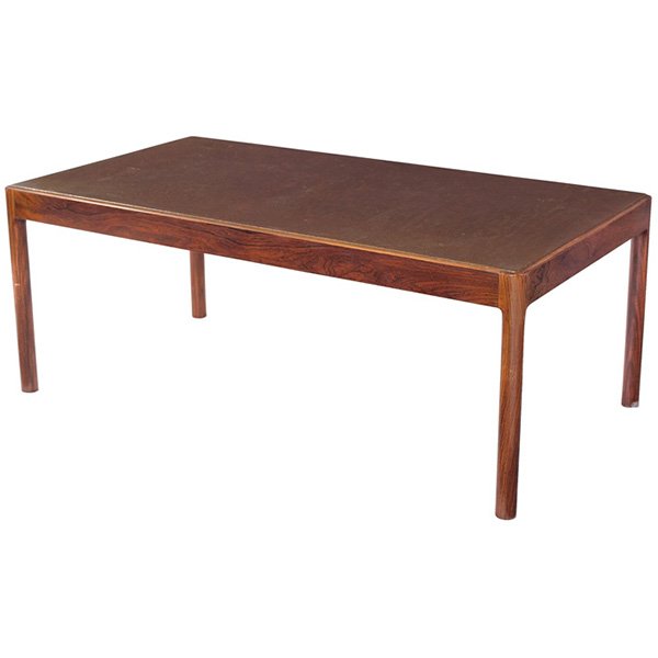 Danish coffee table 51"w x 27.5"d x 20"h: Danish, coffee table, 1960s, rosewood, inset leather top, unsigned, 51"w x 27.5"d x 20"h