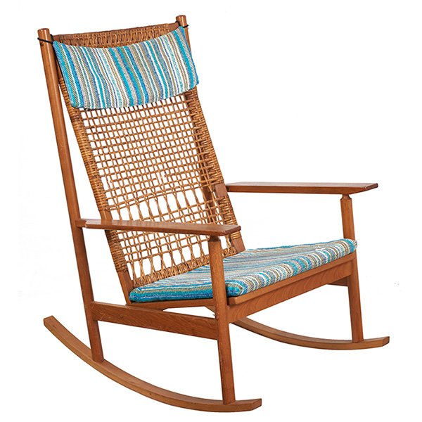 Hans Olsen for Jorgensen Mobelfabrik rocking chair 26"w: Hans Olsen for Jorgensen Mobelfabrik, rocking chair, Denmark, 1960s-70s, oak, cane, rubber, removable headrest cushion and seat cushion, 26"w x 34"d x 40"h
