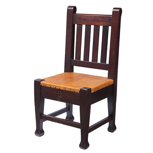 The Roycrofters child's/slipper chair, #037 14"sq x: The Roycrofters, child's/slipper chair, #037, East Aurora, NY, mahogany, leather, brass, signed with orb, 14"sq x 29"h
