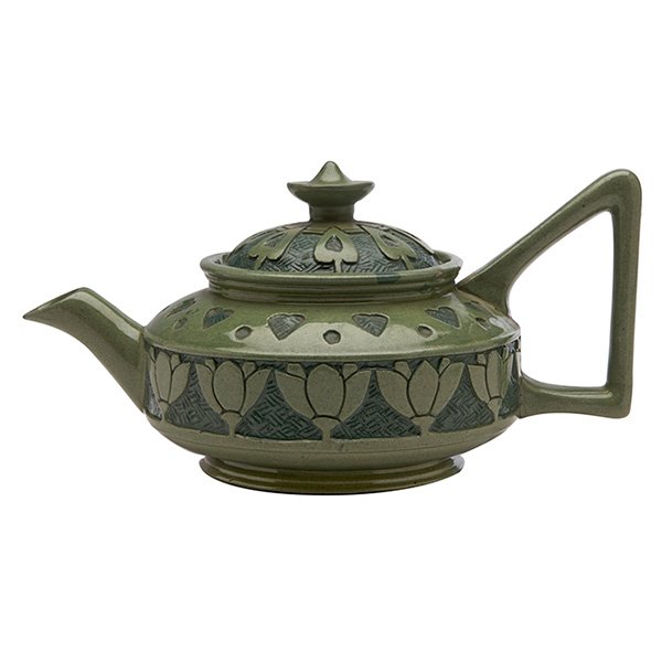Roseville Rozane Katy Duvall, decorator, in: Roseville Rozane, Katy Duvall, decorator, in collaboration with an unknown decorator (E.B.), Della Robbia teapot, Zanesville, OH, carved and polychrome glazed ceramic, marked, signed, 9"w x 4.5"h over