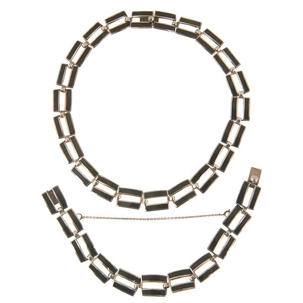Margot van Voorhies Carr (Margot de Taxco) demi-parure:: Margot van Voorhies Carr (Margot de Taxco), demi-parure: necklace and bracelet, #5397 A, Mexico, sterling silver, black enamel, stamped signatures, necklace: 14 3/4"l; bracelet: 7 1/2"l