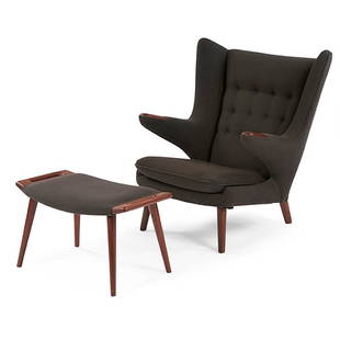 Hans Wegner for A.P. Stolen Papa Bear chair and ottoman: Poul Kjaerholm & Jorgen Hoj for Thorald Madsen Snedkeri, Snedkerier lounge chair, Denmark, 1952, pine, jute, unsigned, 20.25"w x 37"d x 28"h