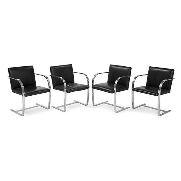 Mies van der Rohe for Knoll International BRNO chairs,: Mies van der Rohe for Knoll International, BRNO chairs, four, 1970s, polished steel, original black leather, unsigned, 22.75''w x 22''d x 31''h