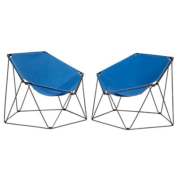 Kim Moltzer & Jean-Paul Barray for Bofinger Penta: Kim Moltzer & Jean-Paul Barray for Bofinger, Penta lounge chairs, pair, France, 1968, enameled steel, canvas, 34.25"w x 34.25"d x 27.25"h