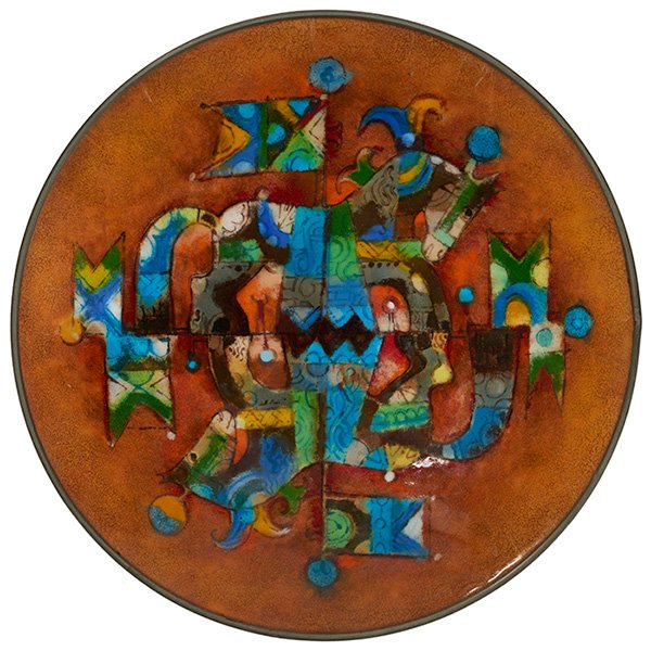 Karl Drerup (1904-2000) bowl 9.75"dia, equine motif: Karl Drerup (1904-2000), bowl, USA, 1940s, enamel over metal, equine motif, blue exterior, signed "Drerup", 9.75"dia x 2.5"h