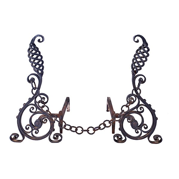 The Roycrofters, andirons, East Aurora, NY: The Roycrofters, andirons, East Aurora, NY, wrought iron, unsigned, 12"w x 24"d x 26.5"h each, Provenance: Craftsman Auctions, The Collection of Robert and Elaine Dillof, Croton Falls, NY