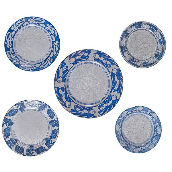 Dedham Pottery, plates, group of five, Dedham, MA, blue (1 of 1)