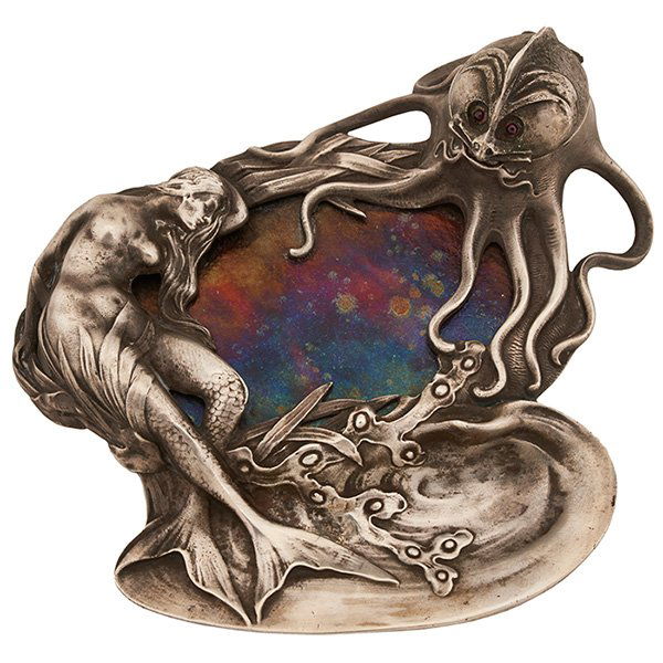 German, Mermaid & Octopus inkwell, silvered metal (1 of 1)