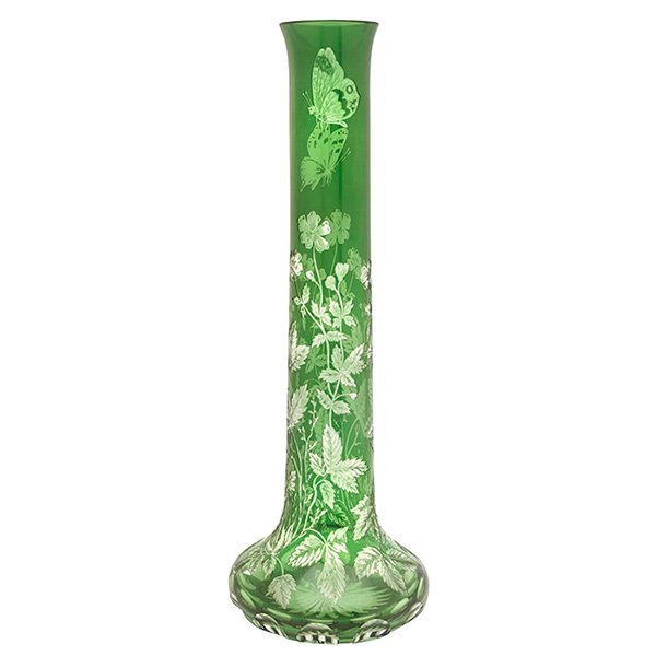 Thomas Webb & Sons, attribution, Butterflies and: Thomas Webb & Sons, attribution, Butterflies and Flowers vase, England, green cut to clear glass, unsigned, distinctive base pattern, 6"dia x 15.5"h