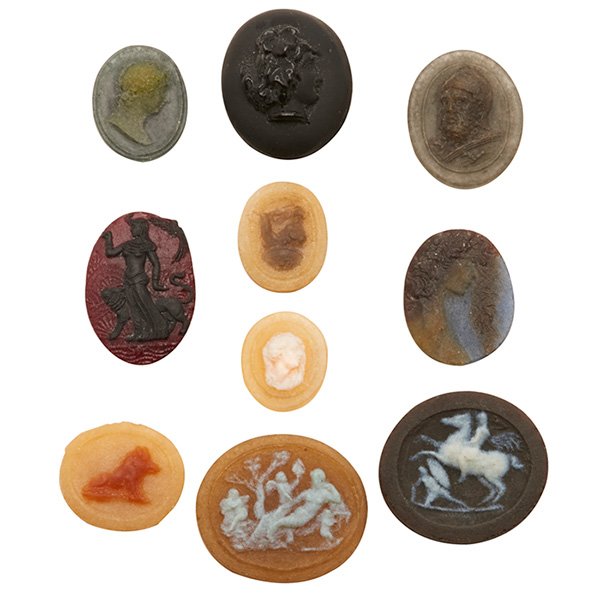 Henri Cros (1840-1907), attribution, medallions, group: Henri Cros (1840-1907), attribution, medallions, group of ten, France, pate-de-verre glass, all unsigned, Greek and Roman influences, largest: 1.5"l Literature: Victor Arwas, Glass, Art Nouveau to Art