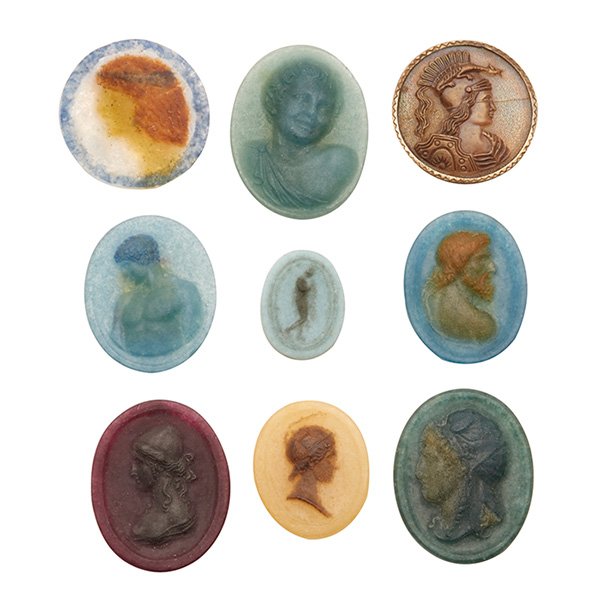 Henri Cros (1840-1907), attribution, medallions, group: Henri Cros (1840-1907), attribution, medallions, group of nine, France, pate-de-verre glass, all unsigned, Greek and Roman influences, largest: 2"l Literature: Victor Arwas, Glass, Art Nouveau to Art