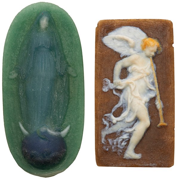Henri Cros (1840-1907), attribution, plaques, group of: Henri Cros (1840-1907), attribution, plaques, group of two, France, pate-de-verre glass, both unsigned, Religious motifs, larger: 2.5" x 5.5", Literature: Victor Arwas, Glass, Art Nouveau to Art Deco,
