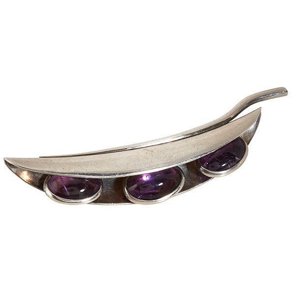 Antonio Pineda, Peapod pin, Taxco, Mexico, 970 silver,: Antonio Pineda, Peapod pin, Taxco, Mexico, 970 silver, amethyst, stamped "Sterling 970 silver Mexico" with, "Antonio Taxco" and PR571, 3.5" l