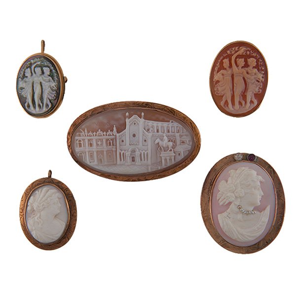 Vintage, cameo pins/pendants, group of five, 14K yellow (1 of 1)
