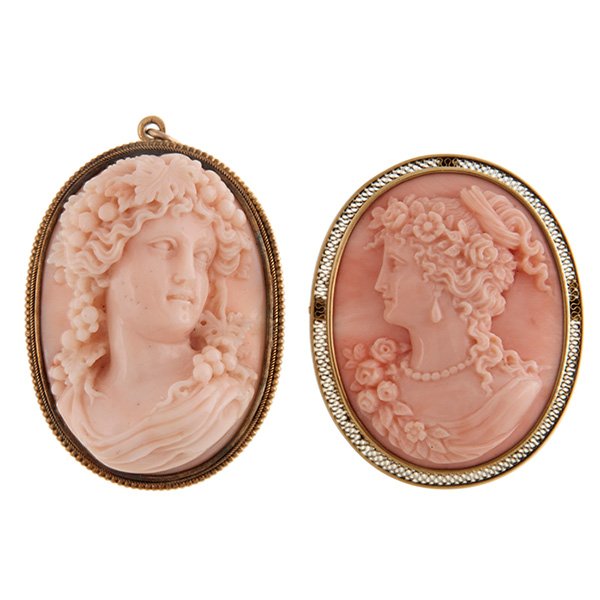 Vintage, coral cameo brooch/pendants, two, 14K yellow (1 of 1)