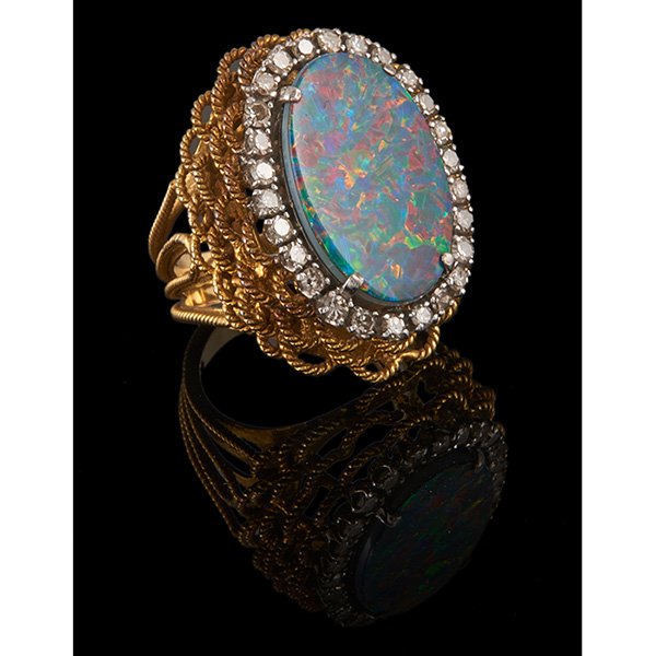 Vintage, black opal triplet and diamond ring, 14K (1 of 1)