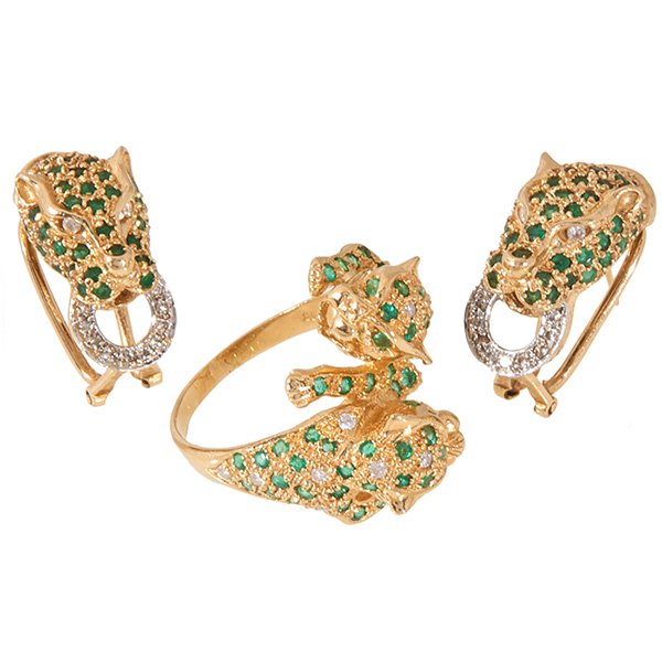 Demi-Parure, Panther gold, diamond and emerald ring and (1 of 1)