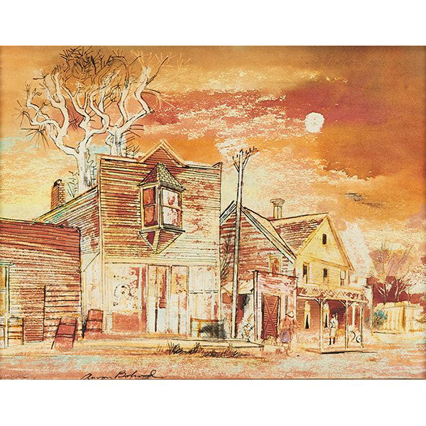 Aaron Bohrod, (American, 1907-1992), Bridgeport,: Aaron Bohrod, (American, 1907-1992), Bridgeport, Wisconsin, mixed media on artist board, signed lower left, titled on verso, 10.25" x 13.5"
