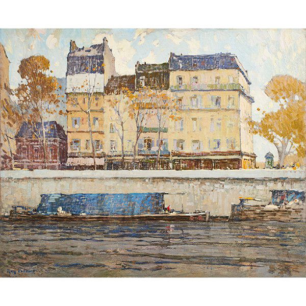 Roy Brown, (American, 1879-1956), Quai, Paris (The: Roy Brown, (American, 1879-1956), Quai, Paris (The Water Front), oil on canvas, signed lower left, 32" x 39.5", Provenance: Painters & Sculptors Gallery Association, New York, New York (label on verso