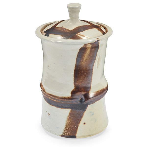 Ken Ferguson Slump Jar covered vessel, shino glaze (1 of 2)