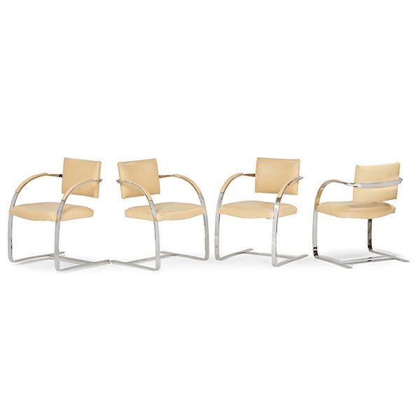 Brueton Industries chairs, four, leather steel: Brueton Industries, Inc., chairs, four, USA, 1970s, steel, leather, signed with Brueton labels, 22"w x 24"d x 30.5"h