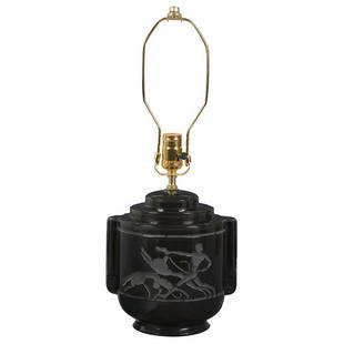 William Hunt Diederich attrib. lamp black glass: William Hunt Diederich (1884-1953), attribution, table lamp, black glass, engraved design, decorated on both sides, unsigned, sold without a shade, glass: 8.5"w x 7"d x 9"h