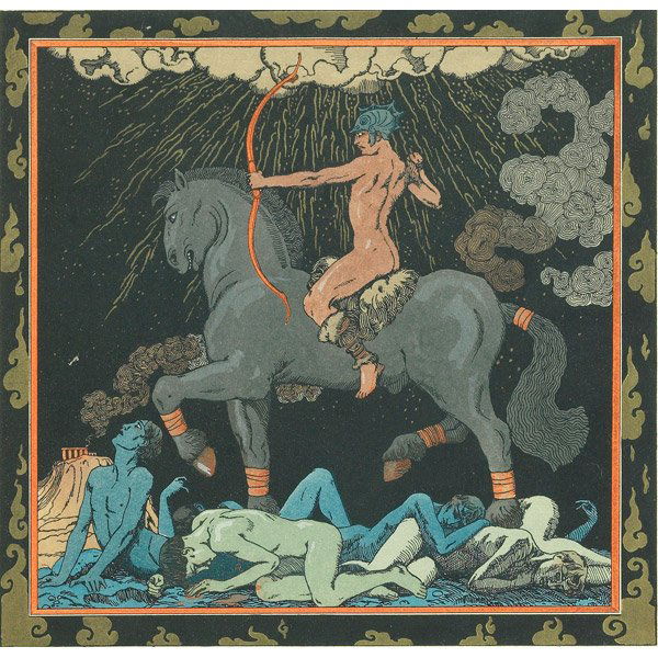 Georges Barbier French print: Georges Barbier (French, 1882-1932) "Celui Qui Monte un Cheval Noir (He Who Rides a Black Horse", print, dedicated to Georges Lepape, signed, matted, framed, 11.5" x 11".