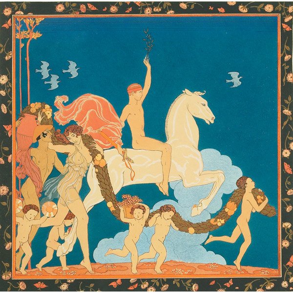 Georges Barbier French Le Cavalier Blanc print: Georges Barbier (French, 1882-1932) "Le Cavalier Blanc (The White Horse)", print, dedicated to Georges Lepape, signed, matted, framed, 11.5" x 11".