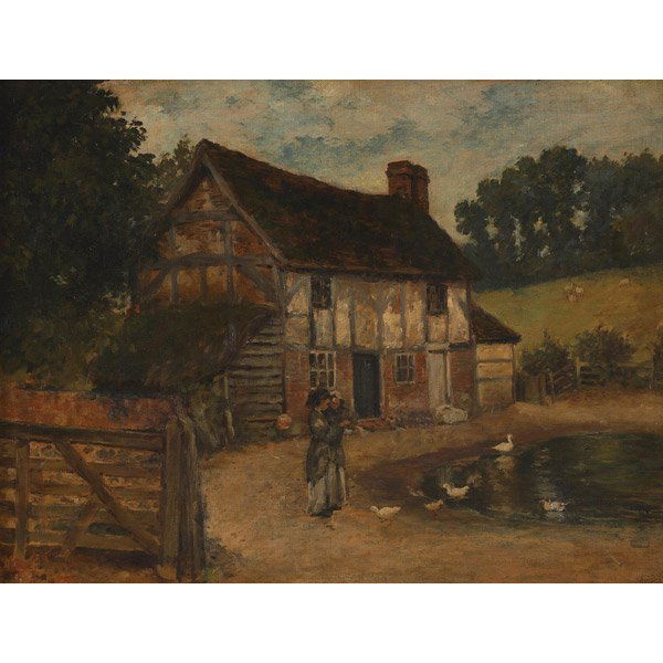 Henry Thomas Schafer "Farmhouse " oil/canvas: Henry Thomas Schafer (English, 1873-1915), "Farmhouse with Figures and Ducks", 1874, oil/canvas, 18" x 23.5", signed