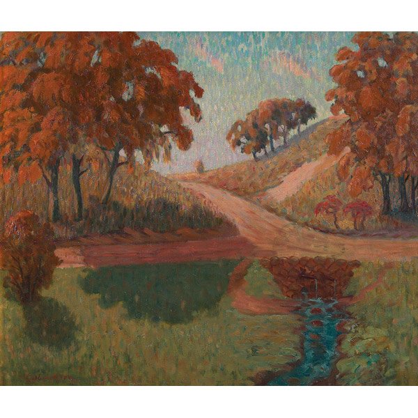 Carl Oscar August Erickson Country Road oil/canva: Carl Oscar August Erickson (American, 1891-1958), "Country Road", c.1930, oil/canvas, 23.25" x 27", signed. Chicago painter. Erickson studied at the Chicago Academy of Fine Art and the Art Students Le