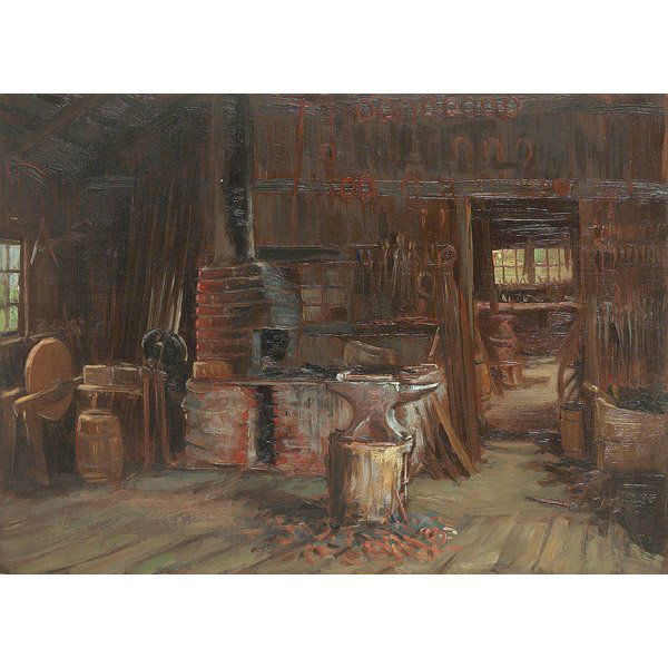 John Ward Dunsmore, Old Blacksmith Shop, oil: John Ward Dunsmore (American, 1856-1945), "Old Blacksmith Shop Southport, Conn., Oldest BS in Conn"; oil/wood, titled on verso, unframed, 8" x 11", unsigned.