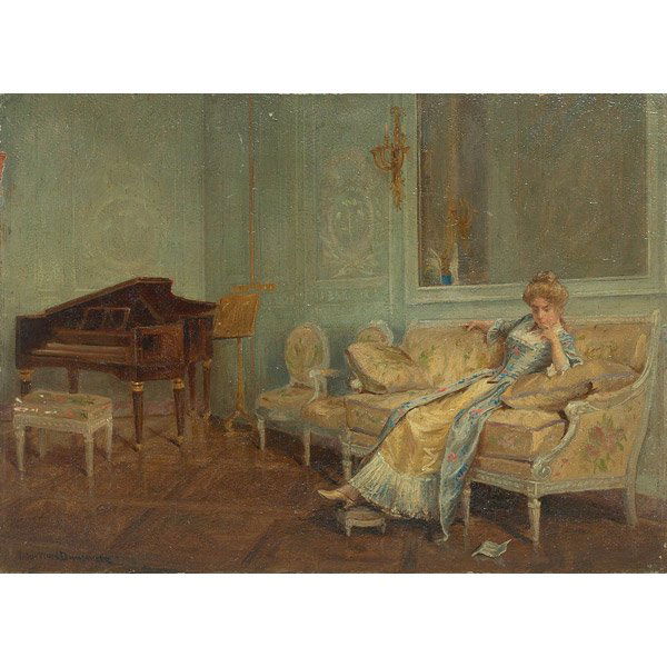 John Dunsmore, Salon-Petit Trianon-Versailles, oil: John Ward Dunsmore (American, 1856-1945), "Salon-Petit Trianon-Versailles"; oil/wood, unframed with label from the Salmagundi Club, Thumb-box Exhibition on verso, 7.75" x 11", signed. Cincinnati paint