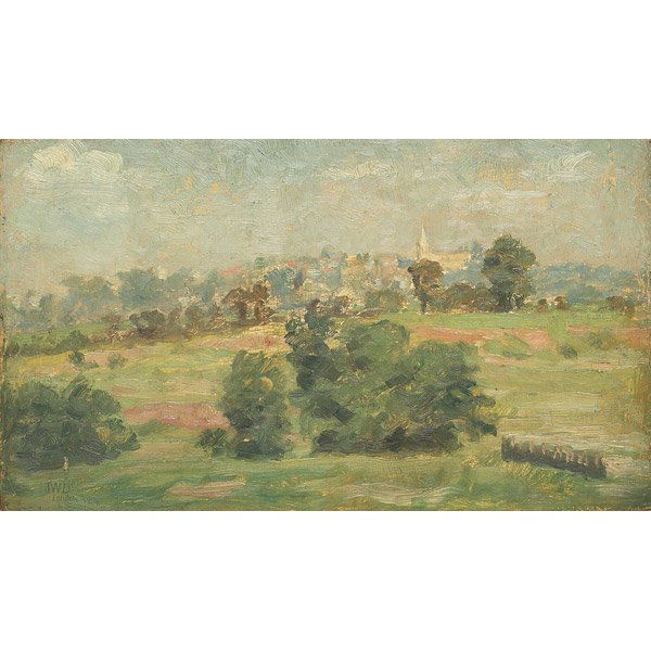 John Ward Dunsmore, Highgate Church, oil: John Ward Dunsmore (American, 1856-1945), "Highgate Church from Hampstead Heath"; oil/wood, titled, initialed and dated Sept. 12, 1888 on verso, unframed, 5" x 8.5", signed and London 1888 on front.