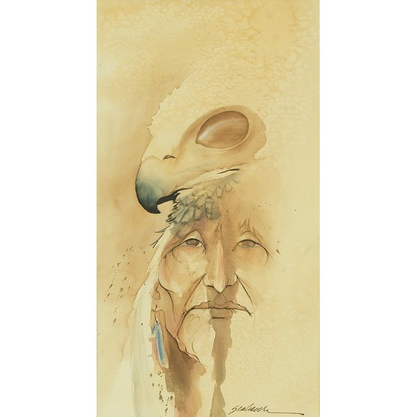 Bert Dail Seabourn, Native American, watercolor: Bert Dail Seabourn (American, b.1931), "Hawk Knows My Name", c. 1970; watercolor/ink on paper, 20" x 10.5", signed. Seabourn studied at Oklahoma State University, Famous Artists Schools and Oklahoma C