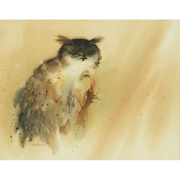 Bert Dail Seabourn, Native American, watercolor: Bert Dail Seabourn (American, b.1931), "Owl Knows My Name", c. 1970; watercolor/ink on paper, 22" x 27", signed. Seabourn studied at Oklahoma State University, Famous Artists Schools and Oklahoma Cent
