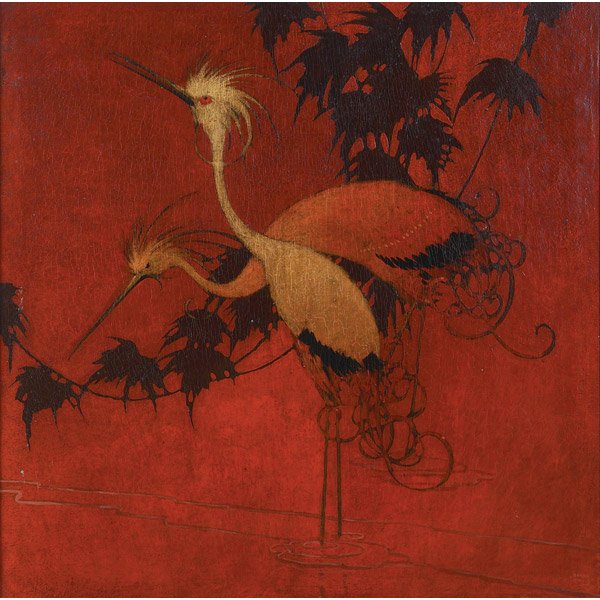 Stark Davis, Water Birds, oil: Stark Davis (American, b. 1885), "Water Birds", c. 1930; oil/canvas, 40" x 40", signed. Chicago artist, Davis specialized in Art Deco style paintings of animals, especially birds. He exhibited at the
